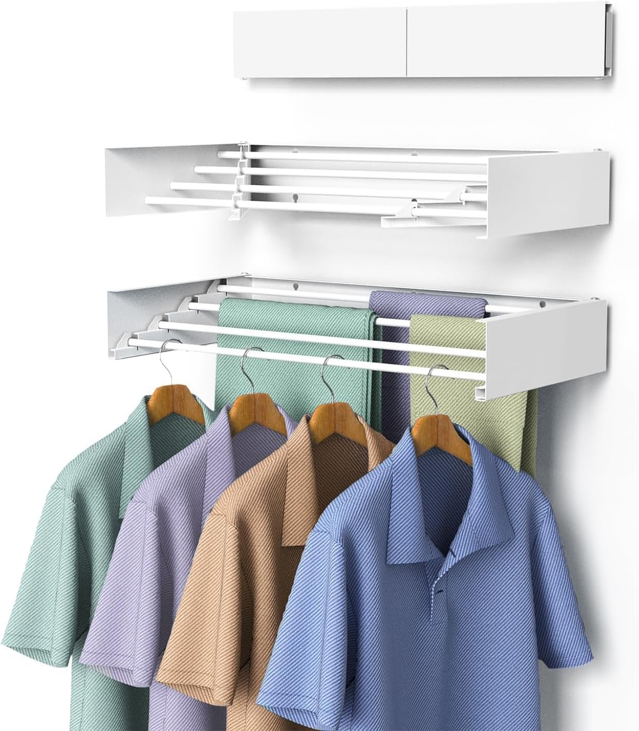 Laundry Drying Rack, Collapsible Wall Mounted Clothes Drying Rack - Foldable,Space Saving, 13.2 Linear Ft, 5 Aluminum Rods, 60 lb Capacity (White, 40" Wide)