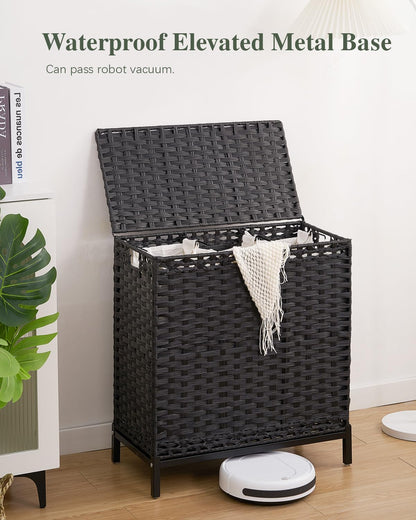 SETVSON Laundry Hamper with Lid 132 L, (35 Gallons) Clothes Hamper with Lid, Handwoven Rattan Laundry Hamper with Metal Heightened Feet, Laundry Hampers with 3 Removable Liner Bags for Laundry-Natural