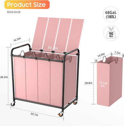 180L (47.55 Gal) Laundry Sorter 3 Section, Rolling Laundry Basket with Lockable Wheels and Lid, Laundry Hamper with 3 Separated Removable Bags Dirty Clothes Hamper for Laundry Room Organizer, Black