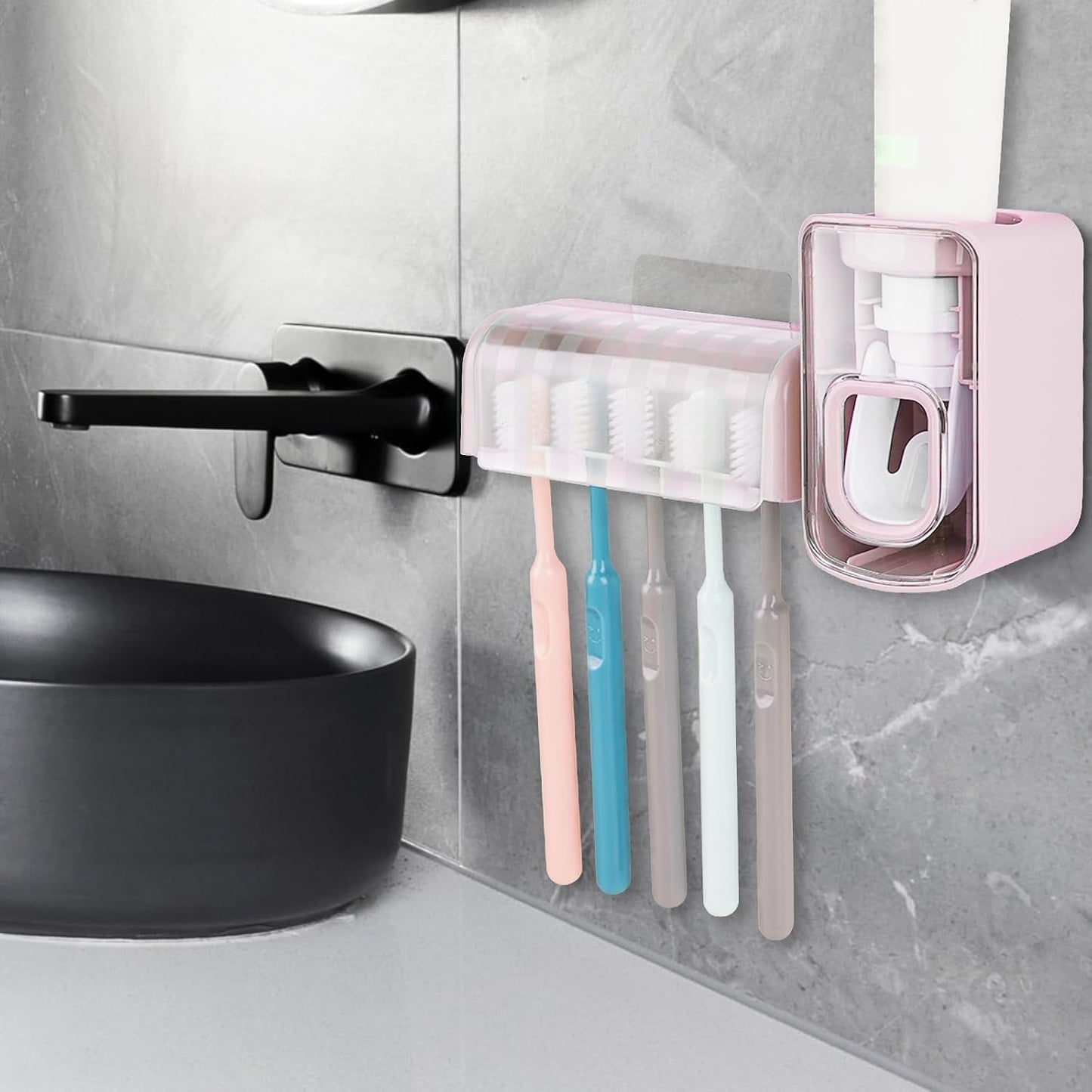 5 Slots Wall Mount Toothbrush Holder with Cover, Self Adhesive Toothbrush Storage Organizer for Shower, Toothbrush Hanger with Automatic Toothpaste Squeezer Dispenser