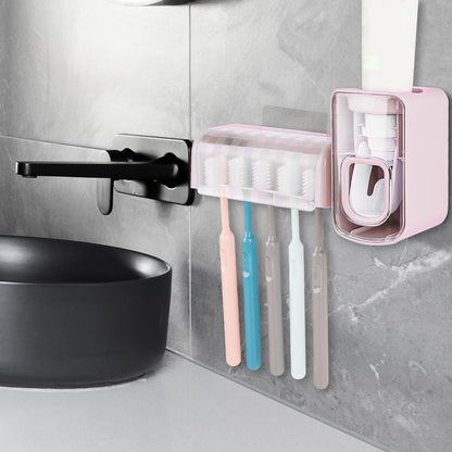 5 Slots Wall Mount Toothbrush Holder with Cover, Self Adhesive Toothbrush Storage Organizer for Shower, Toothbrush Hanger with Automatic Toothpaste Squeezer Dispenser