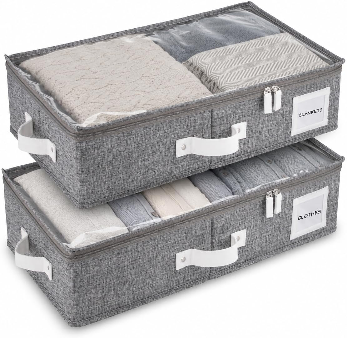 HOMELUX THEORY 2pc Low Profile Under Bed Storage Containers, Thin Under Couch Storage Organizer with Bins & Lids, Underbed Storage Box Ideal for Seasonal Clothes, Blankets, Fabric & Shoes (Ivory)