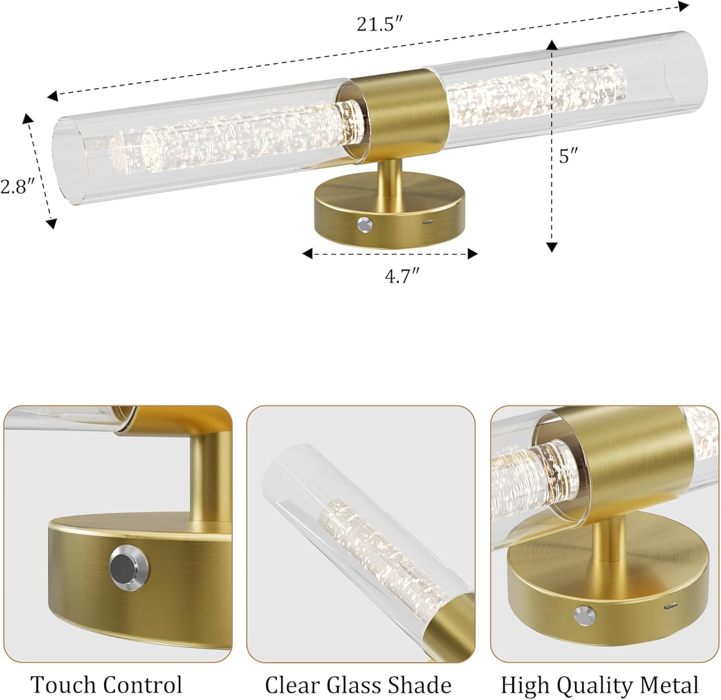 10000mAh Battery Operated Wall Sconce Set of 2, Rechargeable Wireless Wall Lights with Remote Control, Dimmable Timer 3 Color Temperature Glass Wall Lamp for Living Room Bedroom Gold 21.5 Inch