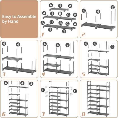 ROJASOP Shoe Rack Organizer, 8-Tier Metal Shoe Rack for Closet Entryway Garage, 26-32 Pairs Tall Shoe Boot Storage Shelf with 15 Hooks, Stackable Large Shoe Stand