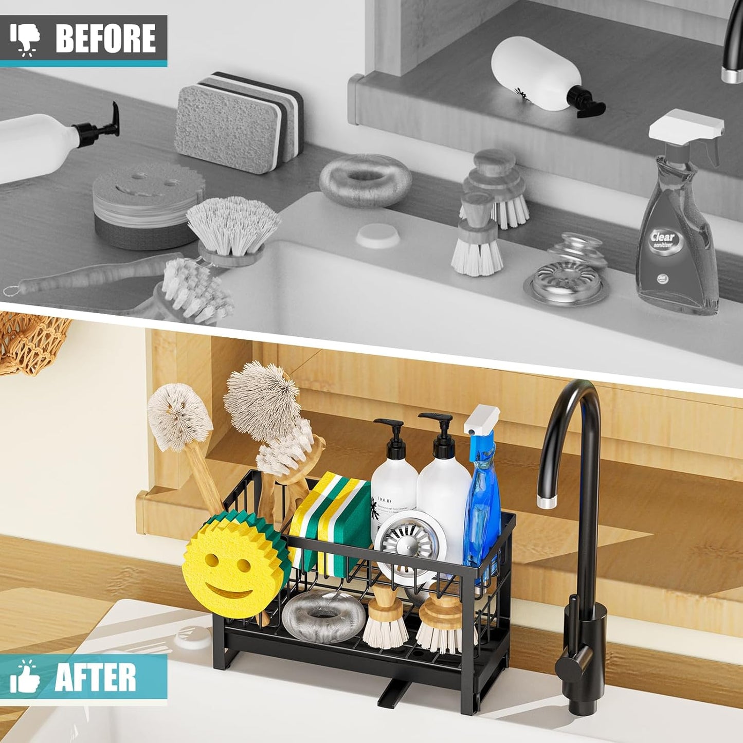 Sponge Holder for Kitchen Sink,Smiley Face Sink Caddy with Removable Brush Holder,Self-Draining Sponge Caddy for Soap,Dish Brush,Scrubber,Kitchen Essentials and Gadgets-Silver