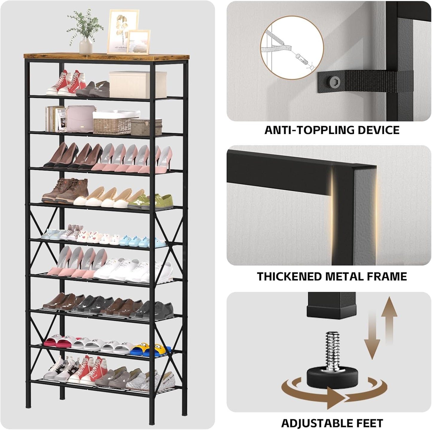 8 Tiers Tall Shoe Rack Organizer, Large Capacity Shoe Rack Holds 32 Pairs of Shoes, Durable and Stable, Adjustable Metal Shelf Stackable Shoe Shelf for Entryway, Hallway, Living Room, Closet