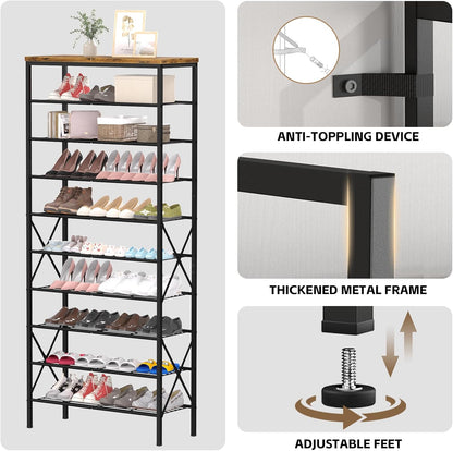 8 Tiers Tall Shoe Rack Organizer, Large Capacity Shoe Rack Holds 32 Pairs of Shoes, Durable and Stable, Adjustable Metal Shelf Stackable Shoe Shelf for Entryway, Hallway, Living Room, Closet