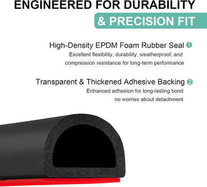 Weather Stripping Door Seal Strip 26FT – EPDM D-Shape Foam Rubber with Tape for Home Door, Window, Garage, RV, Truck, Boat, Marine Hatch – 0.75"x0.375"