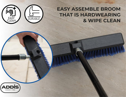 Outdoor Broom & Patio Brush by Addis – Heavy Duty 45cm (17.7") Angled Head with Stiff Bristles Deck Driveway Garden & Yard Sweeping Brush Large Push Broom for Concrete Tile Wooden Floors, Blue Black