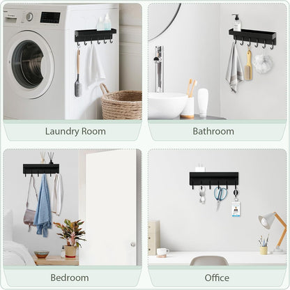 Magnetic Key Holder Wall Mount, Small Metal Key Rack with Tray, 9.6 Inch, 6 Hooks, 2 Installation Options, Black