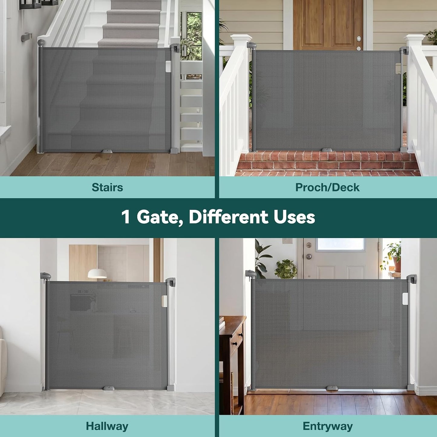 Babepai Retractable Baby Gates for Stairs, Retractable Dog Gate for Indoor/Outdoor Use | Child Gates for Doorways, Deck, Porch, Hallways, Patio (White, 55" Wide 34" Height)