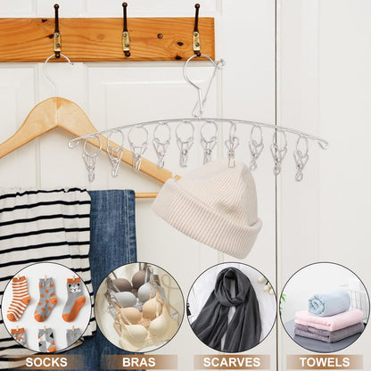 16 Pack 14 inch Stainless Steel Drying Rack with 10 Clips, Sock Drying Rack with Windproof Clips, Stainless Steel Clothes Hanger for Bras, Clothes, Sock & Underwear Towels