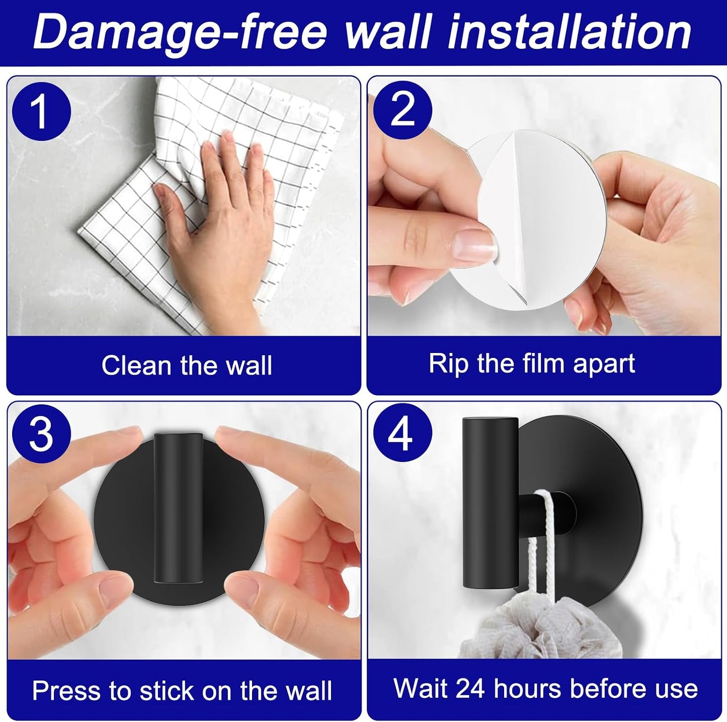 Bntuk Wall Towel Hooks, Adhesive Hooks for Coat Waterproof Shower Hooks, Sticky Hanger Hook for Hanging Coat, Clothes, Robe, Towel Hooks for Bathroom Glass Window - 2 Pack, Black