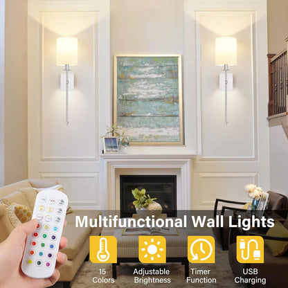 24.8 Inch Black Battery Operated Wall Sconces Set of 2, Rechargeable Wireless Wall Lights with Remote & White Fabric Shade, Indoor Not Hardwired Dimmable Wall Lamps for Bedroom, 2 Bulbs Included