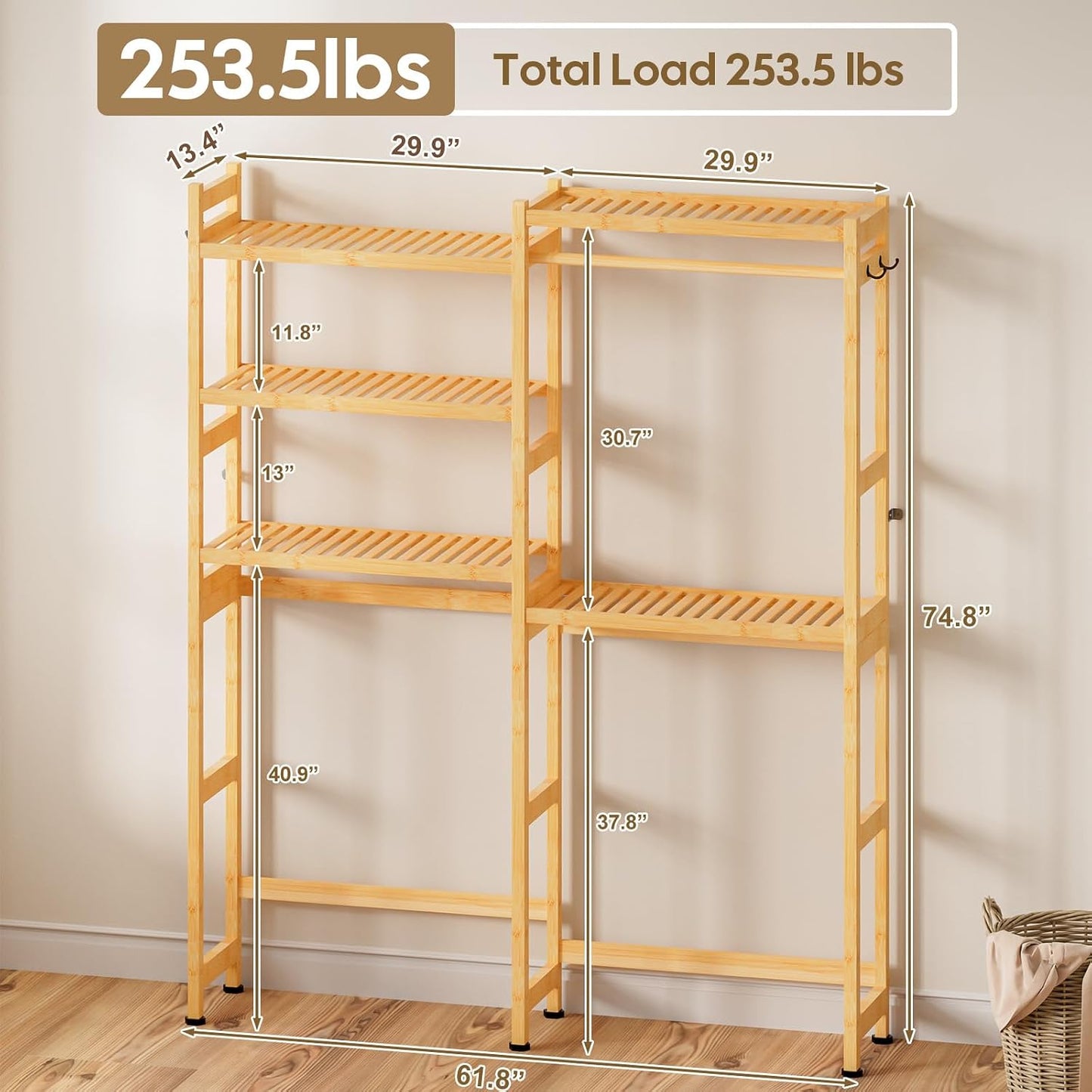 Cozivolife Over The Washer and Dryer Storage Shelf Bamboo,5 Tiers Laundry Room Drying Rack with Adjustable Shelves and 4 Hooks,Space Saver Organizer for Hanging Clothes and Towels (White)