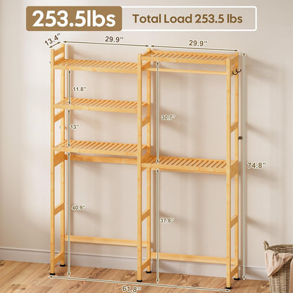 Cozivolife Over The Washer and Dryer Storage Shelf Bamboo,5 Tiers Laundry Room Drying Rack with Adjustable Shelves and 4 Hooks,Space Saver Organizer for Hanging Clothes and Towels (White)