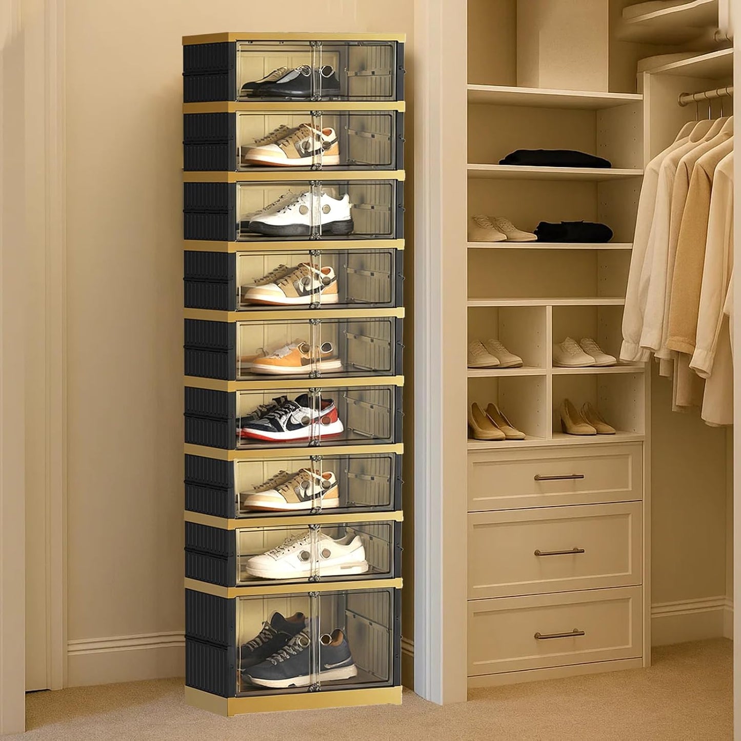 SYNCVIBE Shoe Rack Organizer for Closet Entryway Foldable Sneaker Storage Shoe, Collapsible Shoe Cabinet, Stackable Shoe Storage Cabinet with Lids for Living Room (6 Tiers 24 Pairs)