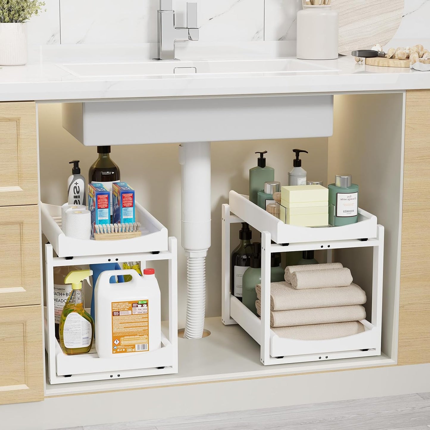 Bamboo Under Sink Organizer Adjustable Height 2 Tier Bathroom Organizer Pull Out Cabinet Storage Kitchen Heave Duty Wood Slide Ou Shelf for Kitchen Bathroom (Black, 2 Packs) (Black, 2 Pack)