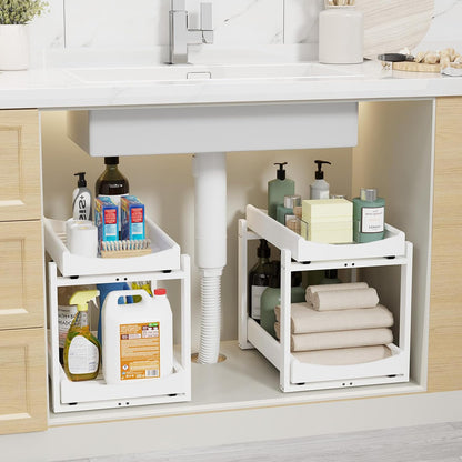 Bamboo Under Sink Organizer Adjustable Height 2 Tier Bathroom Organizer Pull Out Cabinet Storage Kitchen Heave Duty Wood Slide Ou Shelf for Kitchen Bathroom (Black, 2 Packs) (Black, 2 Pack)