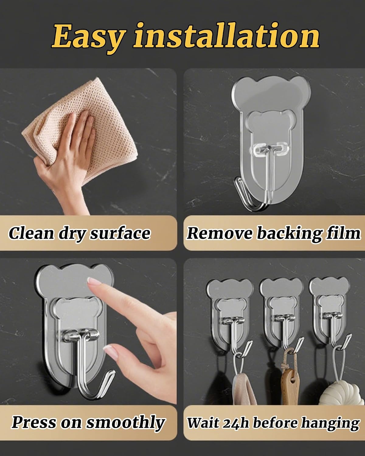 10 Pcs Heavy Duty Adhesive Hooks 10lb Max - Transparent Waterproof Sticky Wall Hooks for Bathroom, Shower, Kitchen, Office - No Damage Self Adhesive Hanging for Towels, Coats, Keys & Home Decor