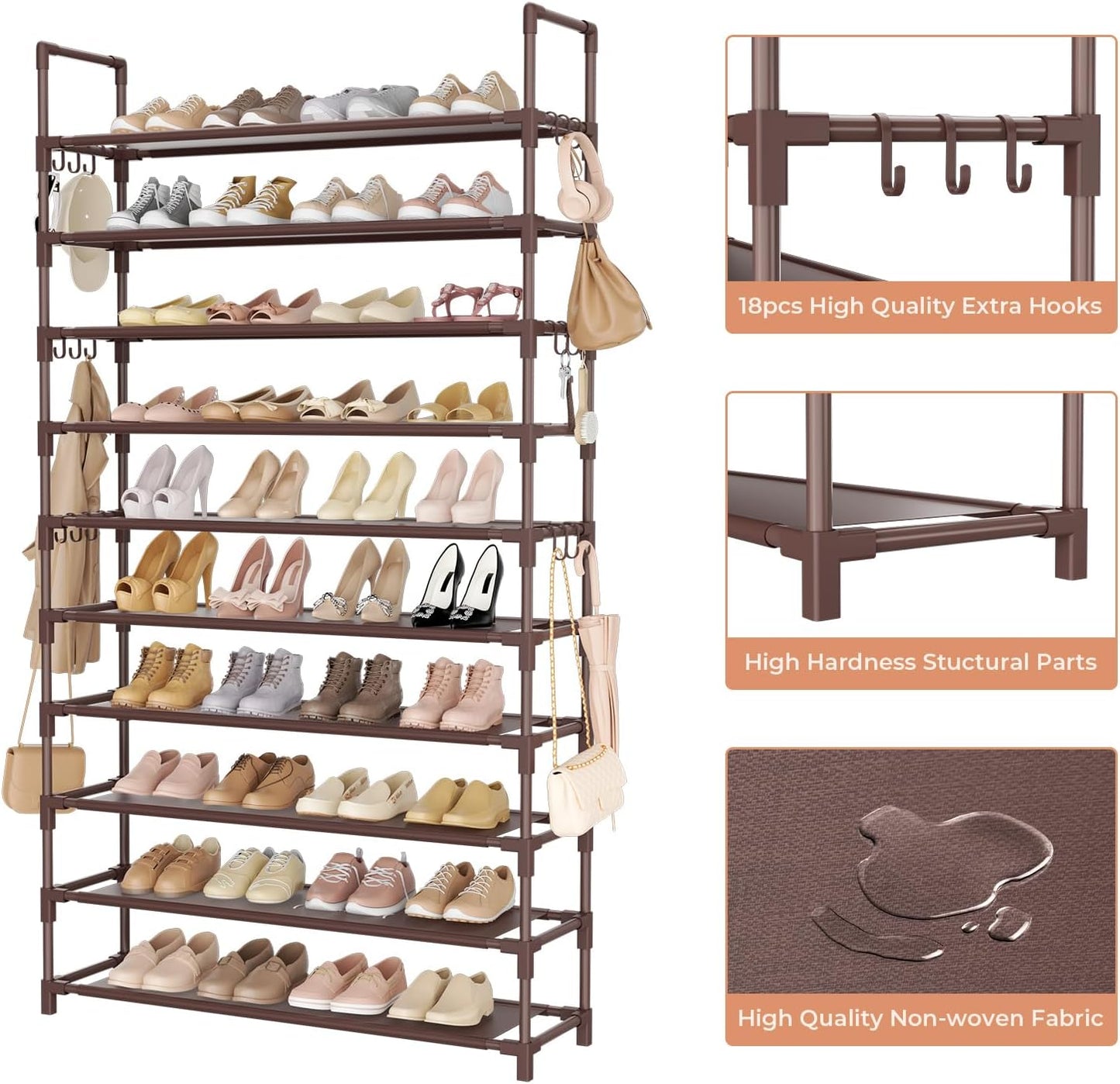 LANTEFUL 10 Tiers Tall Shoe Rack 20-25 Pairs Boots Organizer Storage Sturdy Narrow Shoe Shelf for Entryway, Closets with Hooks, Black