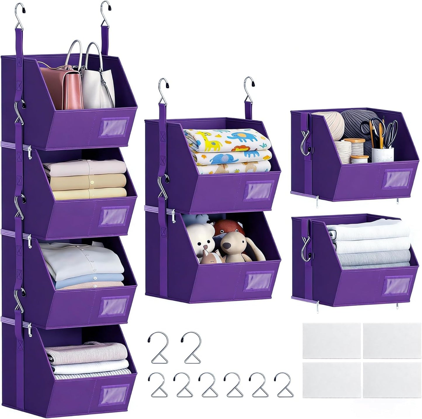 Hanging Closet Organizer 4 Tier, Hanging Shelves for Closet-Hanging Closet Organizer with Stackable Shelves,Versatile Fabric Storage Bins for Bedroom, RV, Nursery,Dorm(Purple)