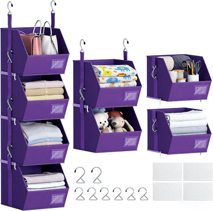 Hanging Closet Organizer 4 Tier, Hanging Shelves for Closet-Hanging Closet Organizer with Stackable Shelves,Versatile Fabric Storage Bins for Bedroom, RV, Nursery,Dorm(Purple)
