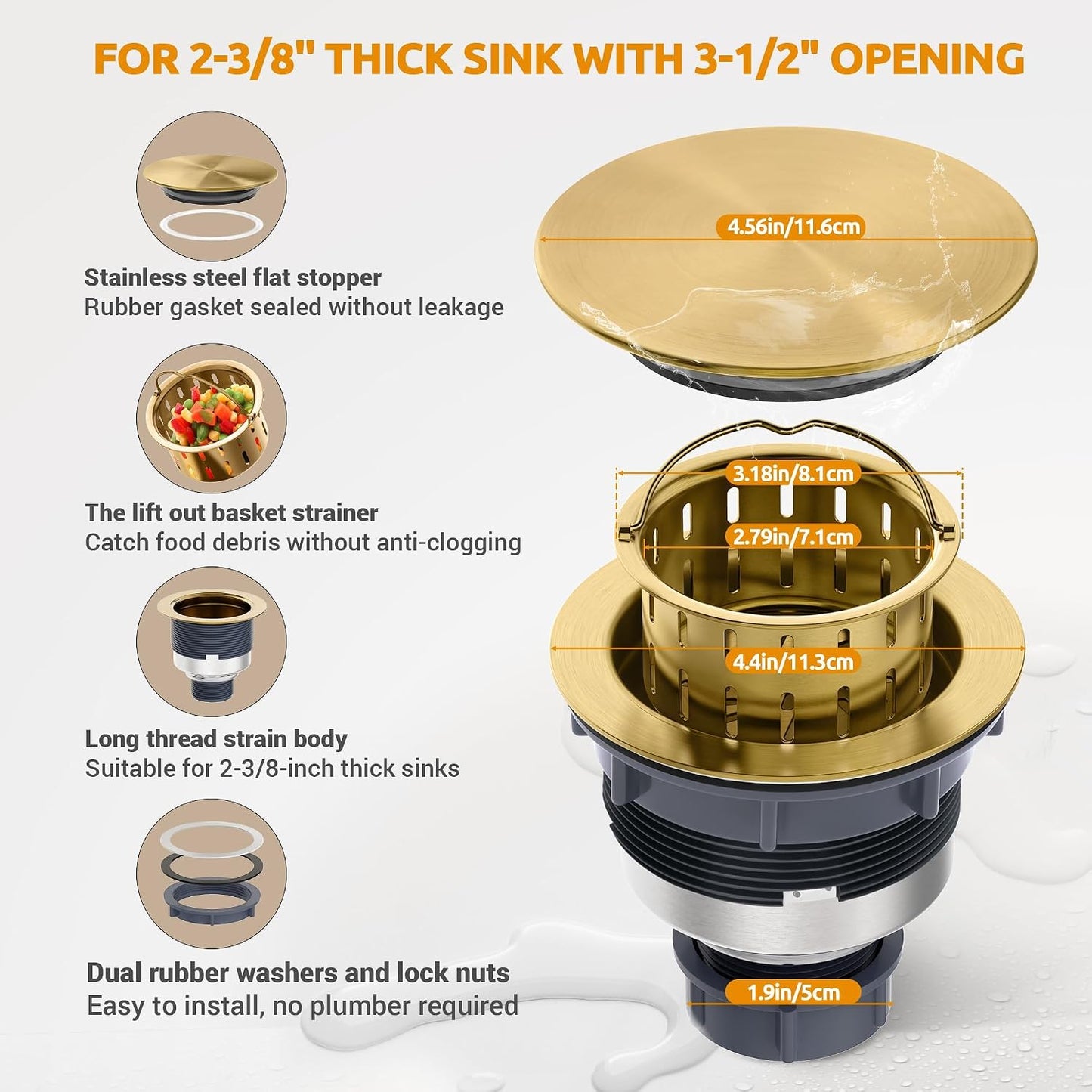 BOTEMY Kitchen Sink Drain Assembly with Removable Deep Basket Strainer, Anti-Clog Sink Drain Kit, Stainless Steel & ABS, Easy Clean Lift-Out Strainer, Fits Standard 3-1/2 Kitchen Sinks - Brushed
