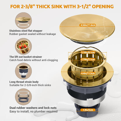 BOTEMY Kitchen Sink Drain Assembly with Removable Deep Basket Strainer, Anti-Clog Sink Drain Kit, Stainless Steel & ABS, Easy Clean Lift-Out Strainer, Fits Standard 3-1/2 Kitchen Sinks - Brushed