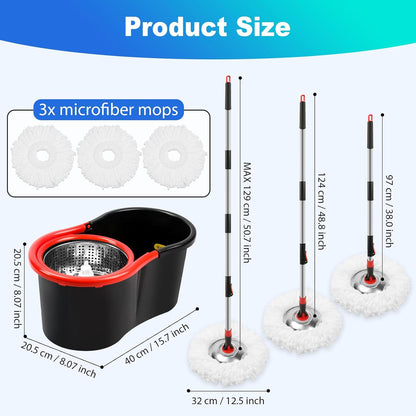 Spin Mop and Bucket with Wringer Set, 360° Spinning Mop Bucket System with 3 Microfiber Mop Replacement Heads Refills, Stainless Steel Extended Handle for Floor Cleaning Home Office