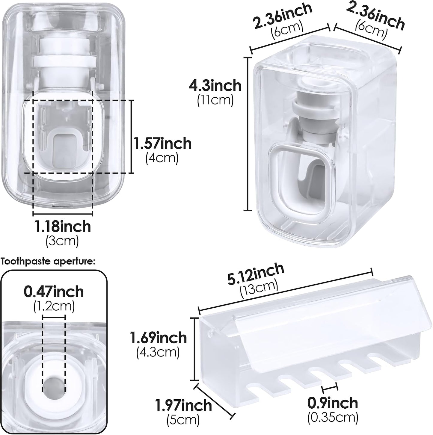 5 Slots Wall Mount Toothbrush Holder with Cover, Self Adhesive Toothbrush Storage Organizer for Shower, Toothbrush Hanger with Automatic Toothpaste Squeezer Dispenser