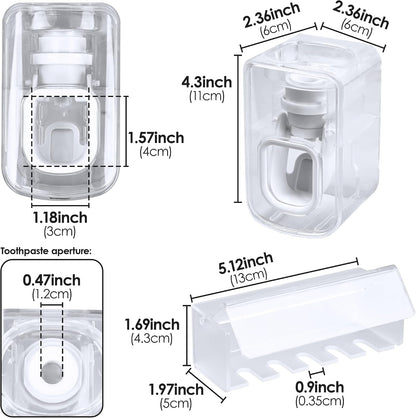 5 Slots Wall Mount Toothbrush Holder with Cover, Self Adhesive Toothbrush Storage Organizer for Shower, Toothbrush Hanger with Automatic Toothpaste Squeezer Dispenser