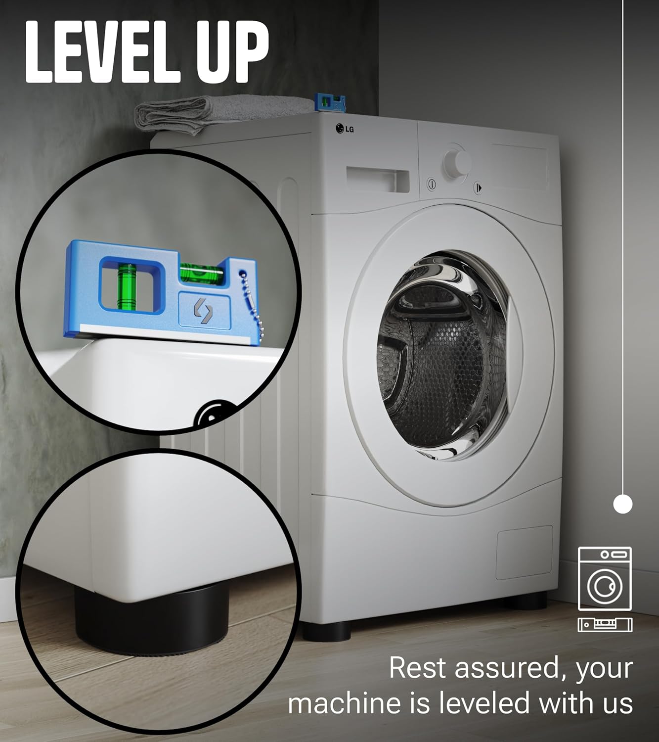 Anti Vibration Pads for Washing Machine - 4 XL Pads with Tank Tread Grip + Level - Washer Dryer Pedestals Fits All Machines - Noise Dampening, Protects Laundry Room Floor - Washing Machine Support