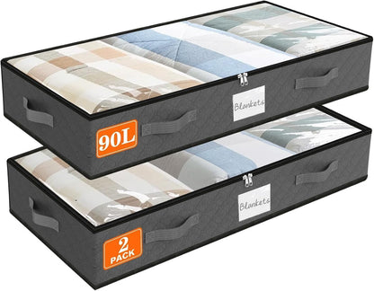 SpaceWhisper 90L Under Bed Storage Containers, 4-Pack Storage Bins with Clear Top, Foldable Closet Organizers and Storage with Label Holder for Clothing, Blankets, Comforter & Pillows (Grey)