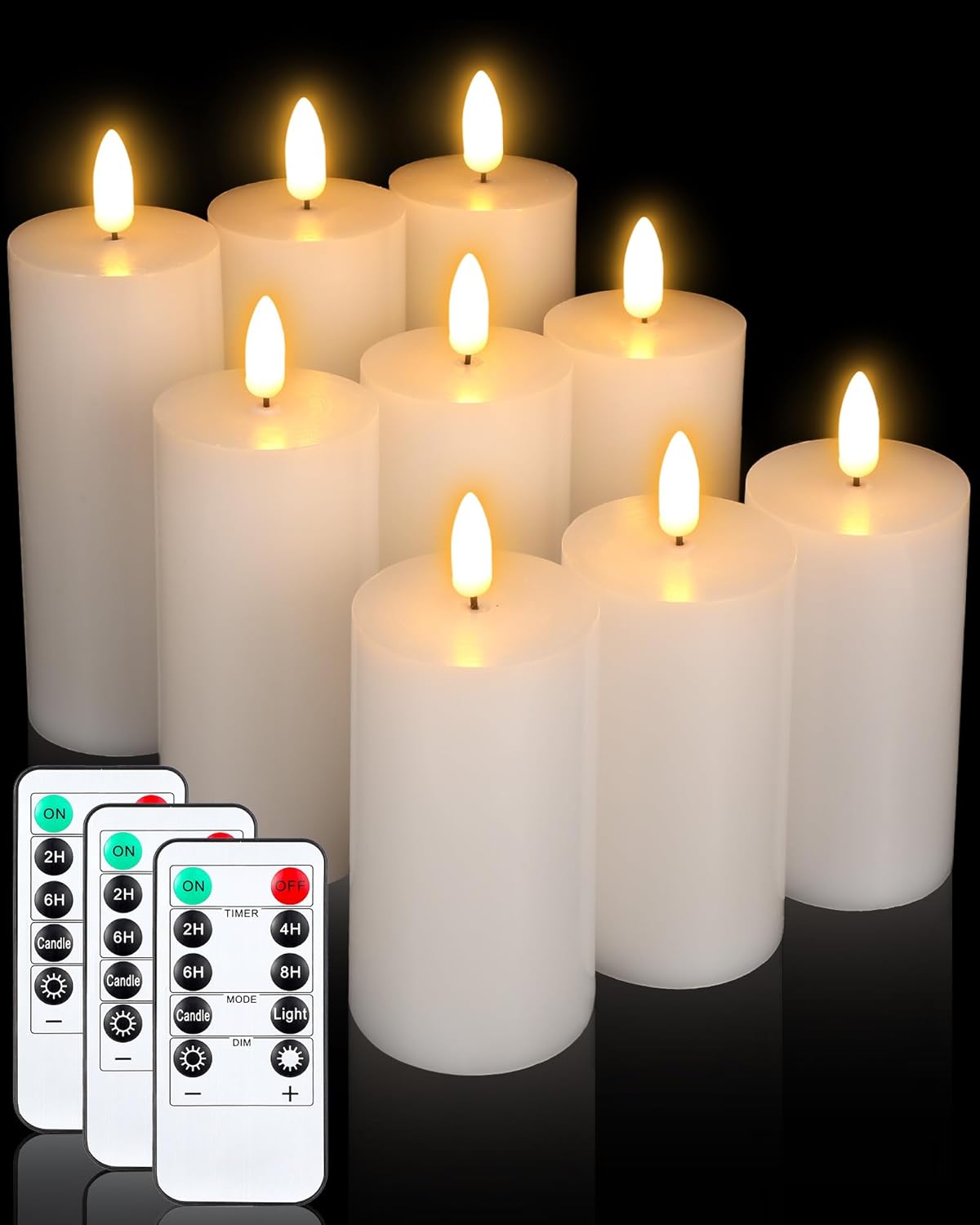 VIHOSE 9 Pack White Flameless Candles Set with Remote and Timer Flickering Flameless Battery Candles Flat Top LED Pillar for Wedding Outdoor Home Festival Decoration(D 3'' H 4'' 5'' 6'')