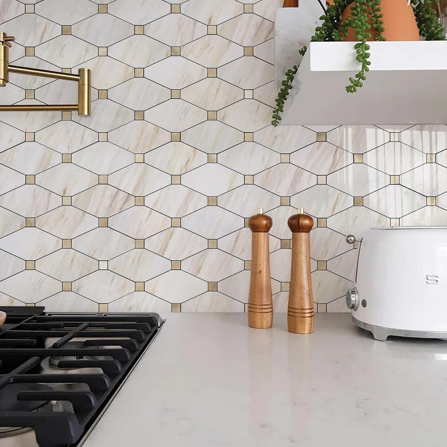 STICKGOO 10 Sheets Peel and Stick Backsplash, Polished Dolomite PVC Mixed Metal Gold Kitchen Backsplash, Stick on Backsplash Wall Tiles for Kitchen, Bathroom, RV