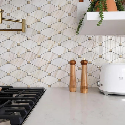 STICKGOO 10 Sheets Peel and Stick Backsplash, Polished Dolomite PVC Mixed Metal Gold Kitchen Backsplash, Stick on Backsplash Wall Tiles for Kitchen, Bathroom, RV