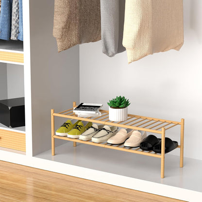 ROMGUAR CRAFT 3 Tier Bamboo Shoe Rack for Closet Free Standing Wood Shoe Shelf Storage Organizer for Entryway Small Space Stackable 27"x11"x20" (Natural)