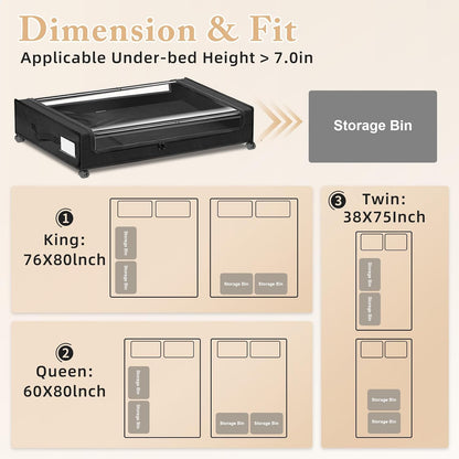 Under Bed Storage with Wheels 2-Pack，Under Bed Storage Containers XXL，Underbed Shoes Storage with Clear Lid,Rolling UnderBed Metal Drawer for Clothes Blankets Easy Pull-out Black