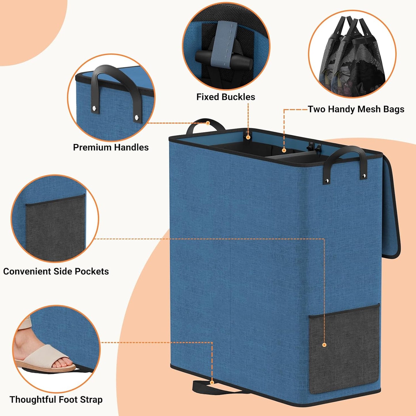 Large Double Laundry Hamper with Lid, Removable Bags & Reinforced Handles, 2 Section Tall Laundry Basket, Dirty Clothes Hampers for Laundry Room, Bedroom, Bathroom, Dorm, 136L, Gray