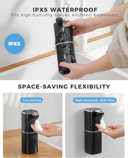 Automatic Foaming Soap Dispenser Touchless, USB Rechargeable Smart Hand Soap Dispenser, 9-Level Adjustable, 13.5oz/400mL,IPX5 Waterproof, Wall/Tabletop Kitchen Bathroom, Black