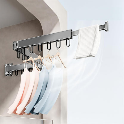 Wall Mounted Foldable Clothes Drying Rack with 18 Hooks, No-Drill, Black | Retractable with 18 Hooks, No-Drill/Drill Dual Installation, Space-Saving Aluminum, For Balcony, Bathroom, Indoor Outdoor
