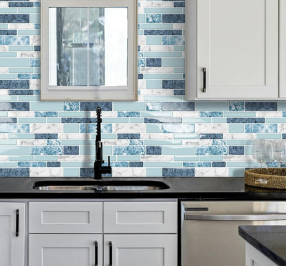 DEWOO Peel and Stick on Self Adhesive Backsplash Wall Marble Tiles Stickers 3D for Kitchen Bathroom,Spliced Blue (10-Sheet, 12"×12")