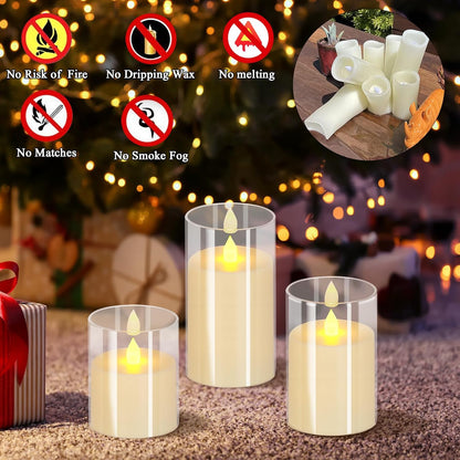 wemarry Flameless Candles 4" 5" 6" Acrylic Glass Pillars 3" Diameter Battery Operated Flickering Candles Include 8-Key Remote with Timer Function 400+ Hours (Amber, Warm Light 3 Pack)