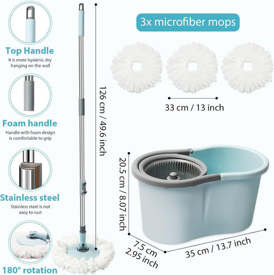 Spin Mop and Bucket with Wringer Set,360° Mop and Bucket System with 3 Microfiber Mop Refills and 50" Extended Handle for Floor Cleaning