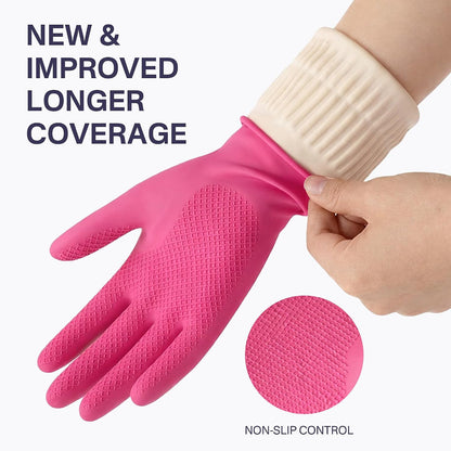 Rubber Dishwashing Gloves, 3 Pairs, Reusable Cleaning Dish Gloves for Kitchen, Non-Slip, Waterproof Dish Washing, Long Cuff for Woman (Red+Pink+Green, Small)