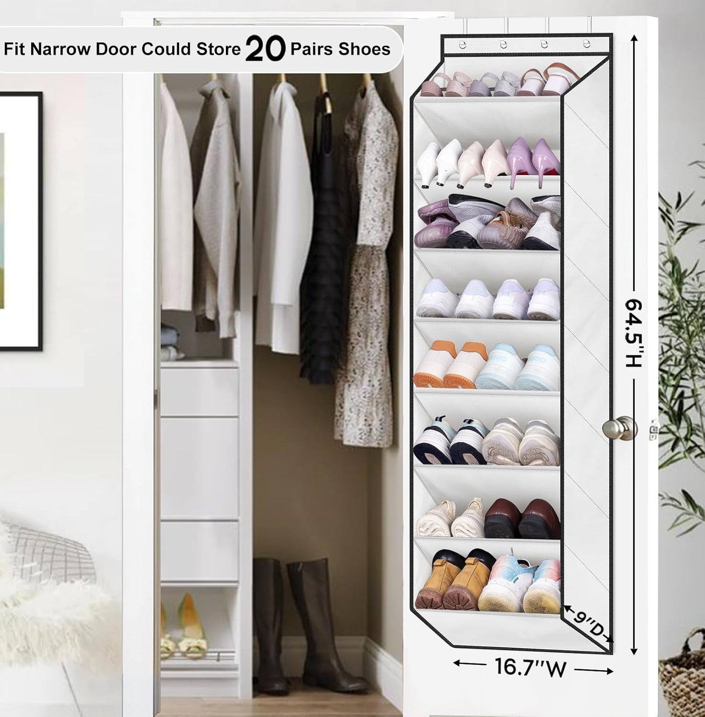 SLEEPING LAMB Over The Door Shoe Organizer for Closet with Large Deep Pockets, Narrow Shoe Rack for Door Hanging Boots Storage, Black