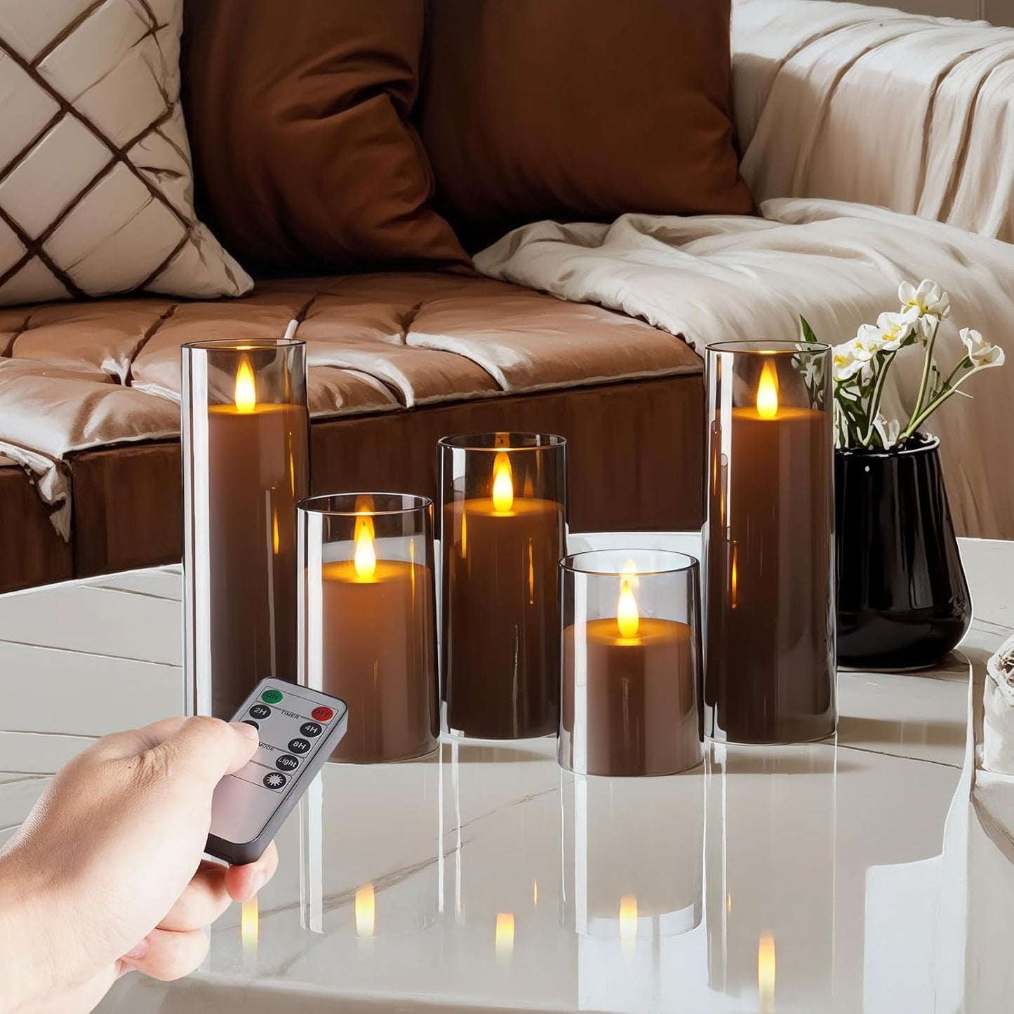 Homemory Realistic Flickering Battery Operated Candles, LED Fake Electric Candle with Remote Control and Timer, Flameless Candles for Home, Christmas Decoration, White, Set of 3