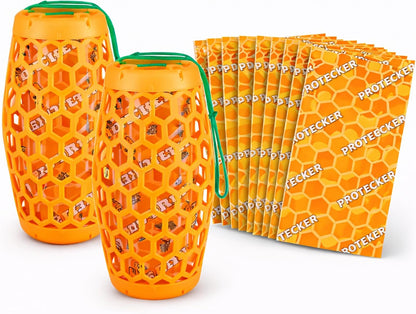 Wasp Trap & Sticky Pads Bundle – 2 Pack Hanging Wasp Trap with 12 Refill Glue Boards for Outdoor Use (Orange)