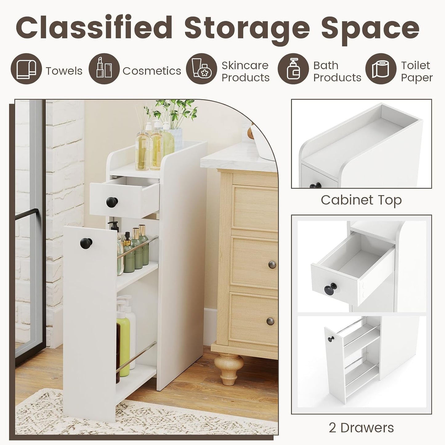 Tangkula Slim Bathroom Storage Cabinet, 4-Tier Narrow Small Side Storage Cabinet Next to Toilet, Slide Out Drawers on Casters, Bathroom Floor Organizer Toilet Paper Holder for Small Spaces (White)